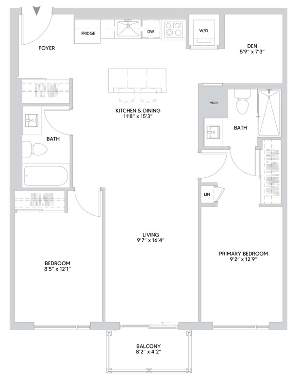 B14A floorplan — 2 BR + Den, 963 sq ft