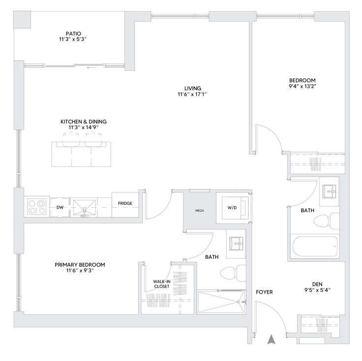 B8 floorplan — 2 BR + Den, 1045 sq ft