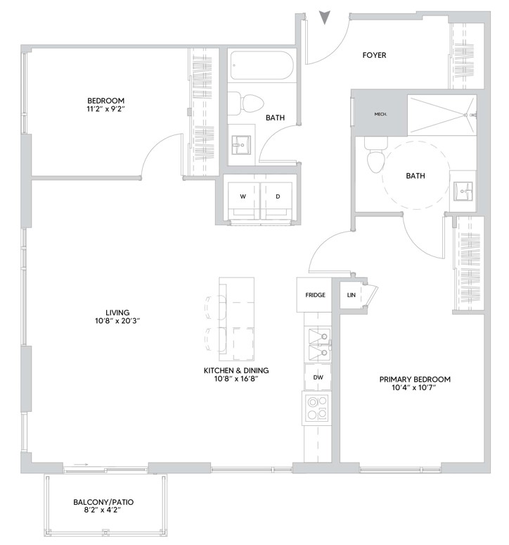 B10 floorplan — 2 BR, 1109 sq ft