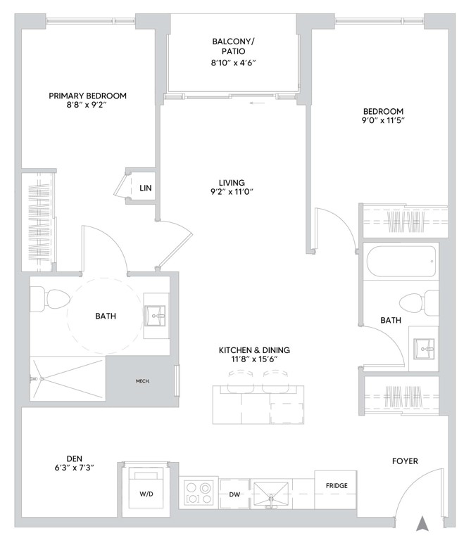 B12 floorplan — 2 BR + Den, 913 sq ft