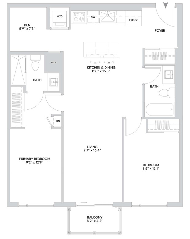 B14B floorplan — 2 BR + Den, 960 sq ft