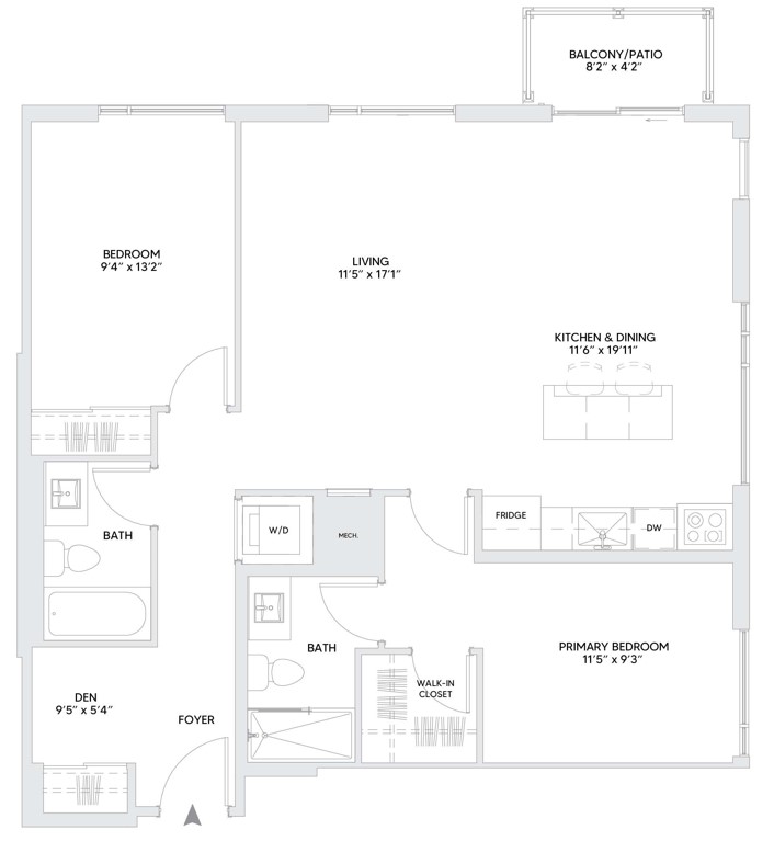 B9B floorplan — 2 BR + Den, 1092 sq ft