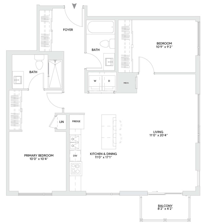 B11 floorplan — 2 BR, 1052 sq ft