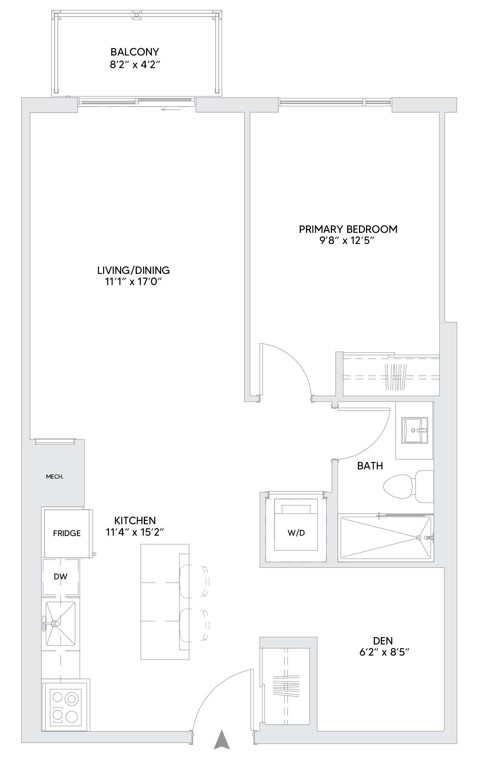 B7B floorplan — 1 BR + Den, 746 sq ft