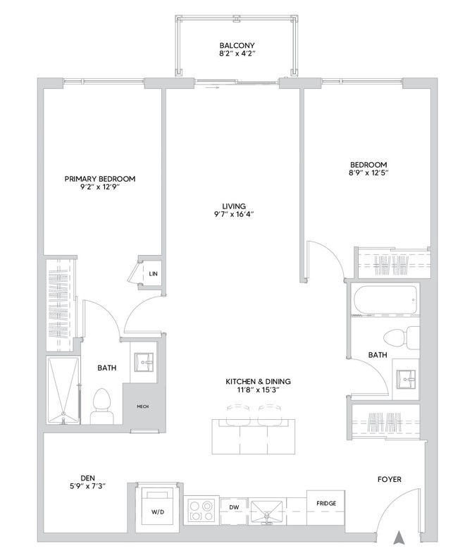 B16B floorplan — 2 BR + Den, 960 sq ft