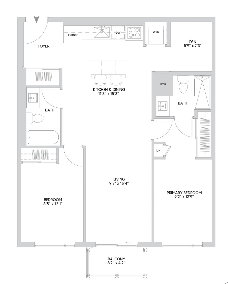 B14B floorplan — 2 BR + Den, 965 sq ft