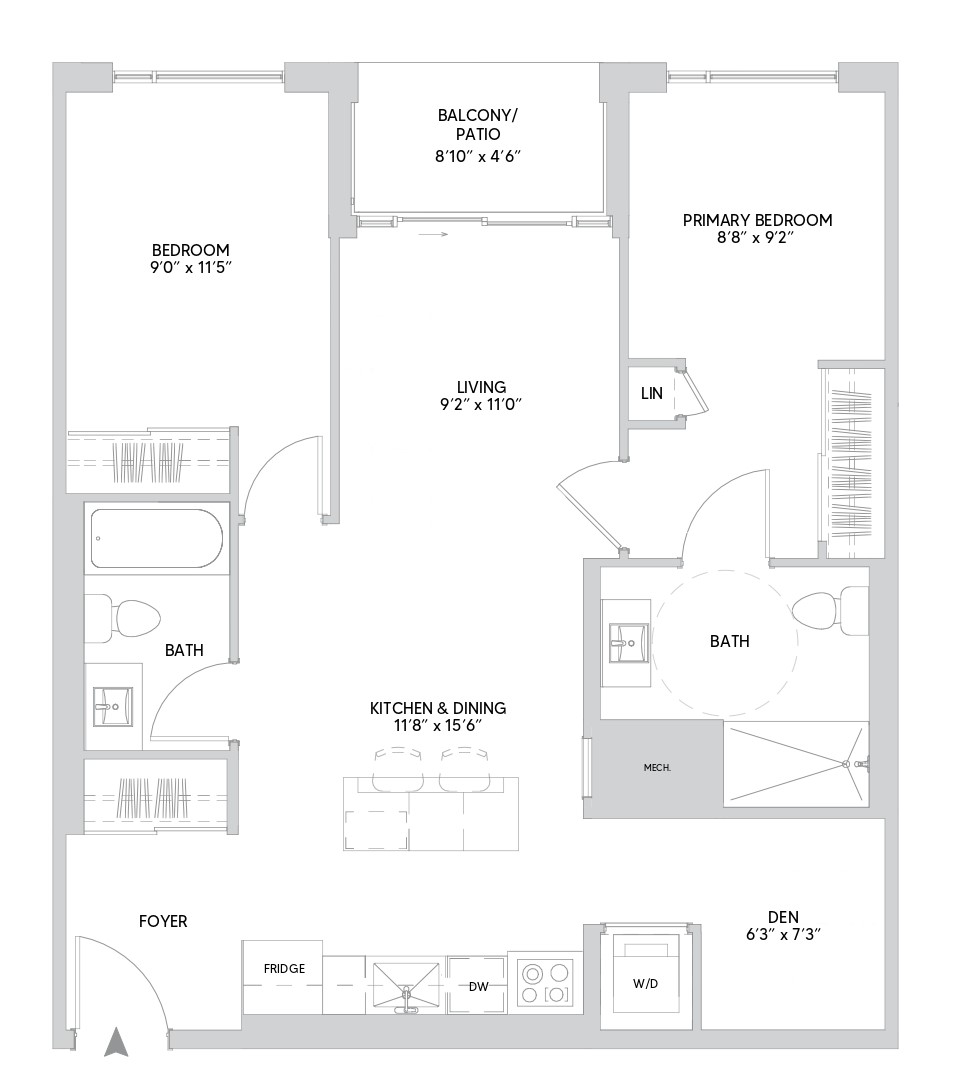 B12 floorplan — 2 BR + Den, 913 sq ft