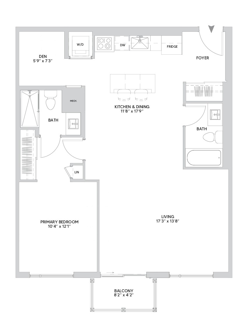 B19A floorplan — 1 BR + Den, 955 sq ft