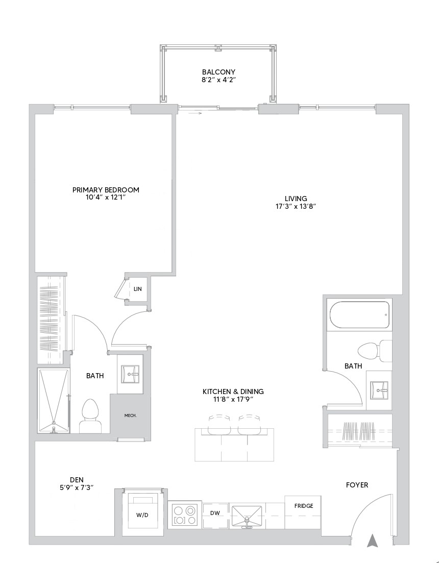 B18A floorplan — 1 BR + Den, 960 sq ft