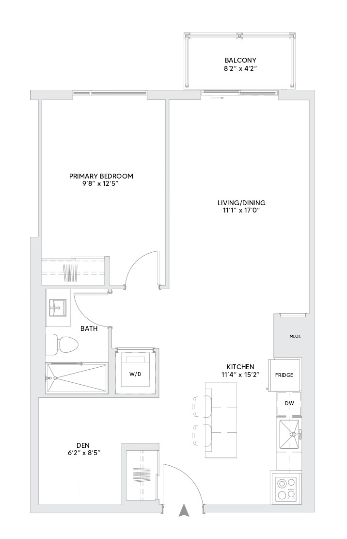 B7B floorplan — 1 BR + Den, 746 sq ft