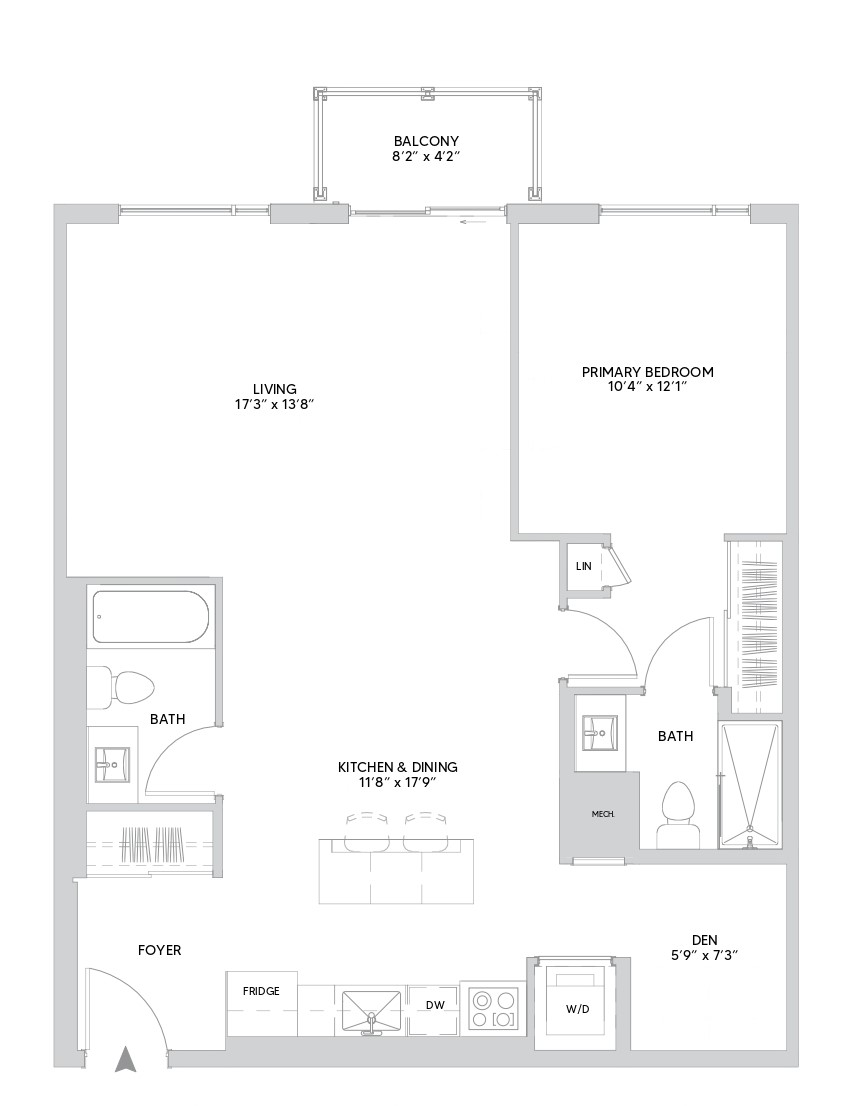 B18B floorplan — 1 BR + Den, 960 sq ft