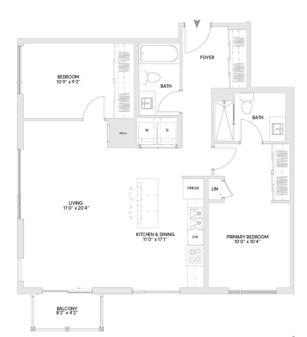 B11 floorplan — 2 BR, 1052 sq ft