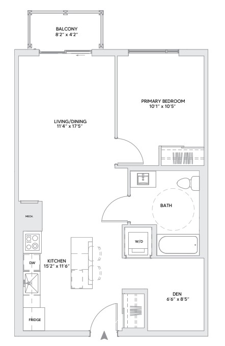 B5 floorplan — 1 BR + Den, 746 sq ft