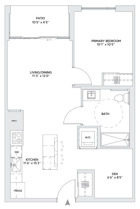 B6 floorplan — 1 BR + Den, 695 sq ft