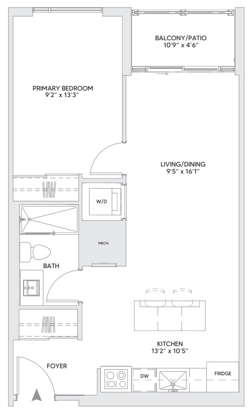 B2A floorplan — 1 BR, 606 sq ft