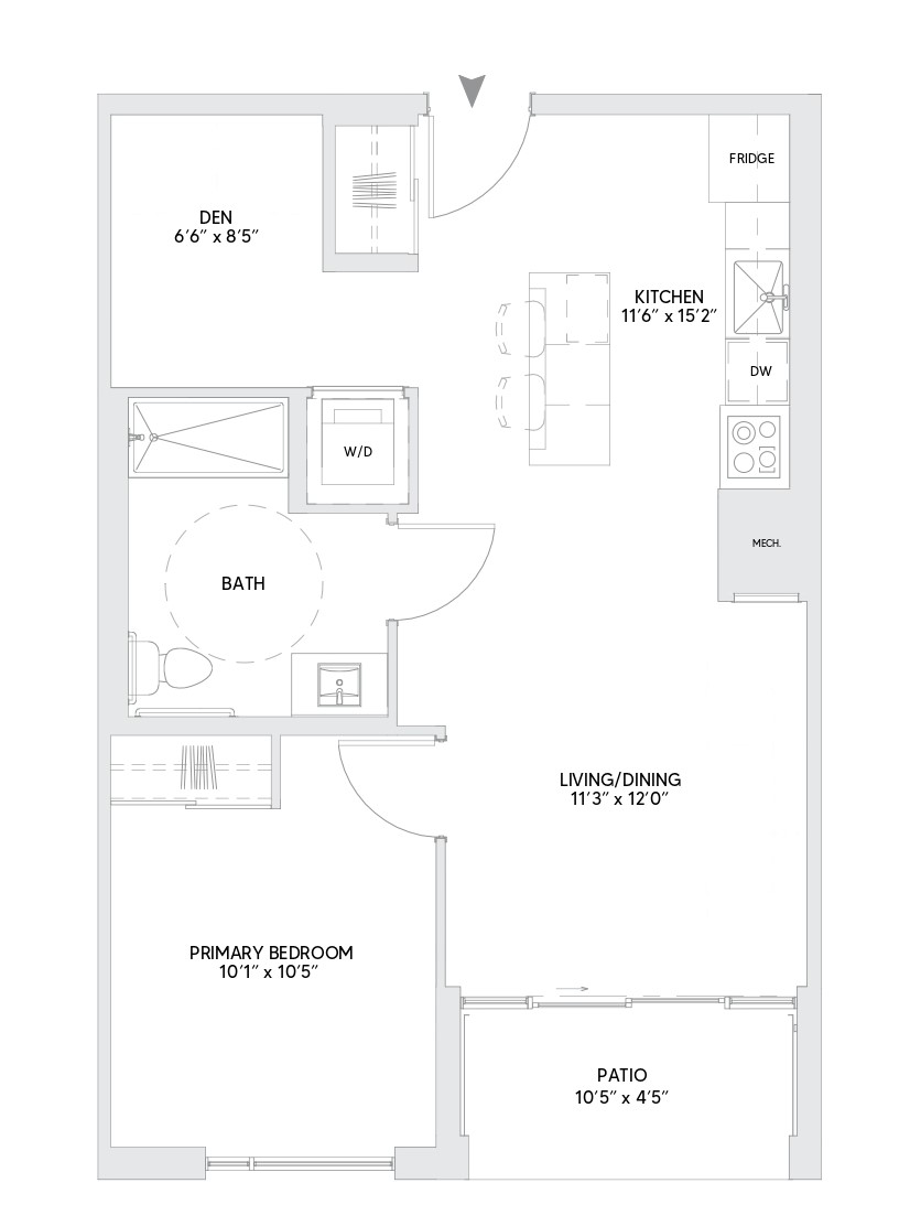 B6 floorplan — 1 BR + Den, 695 sq ft