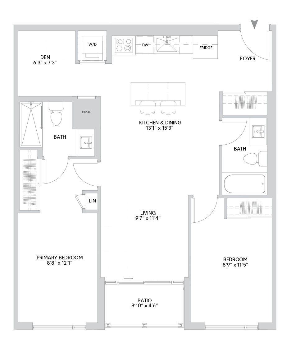B13A floorplan — 2 BR + Den, 924 sq ft