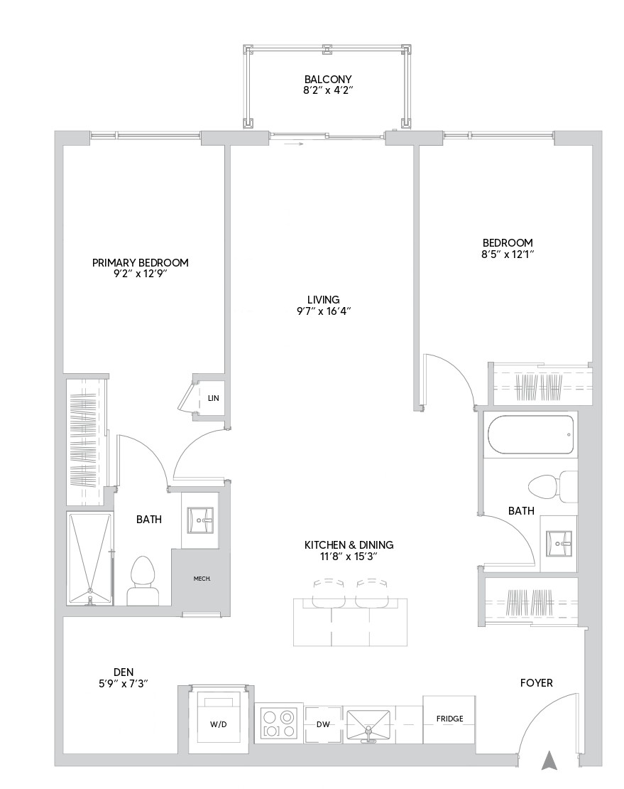 B14A floorplan — 2 BR + Den, 963 sq ft