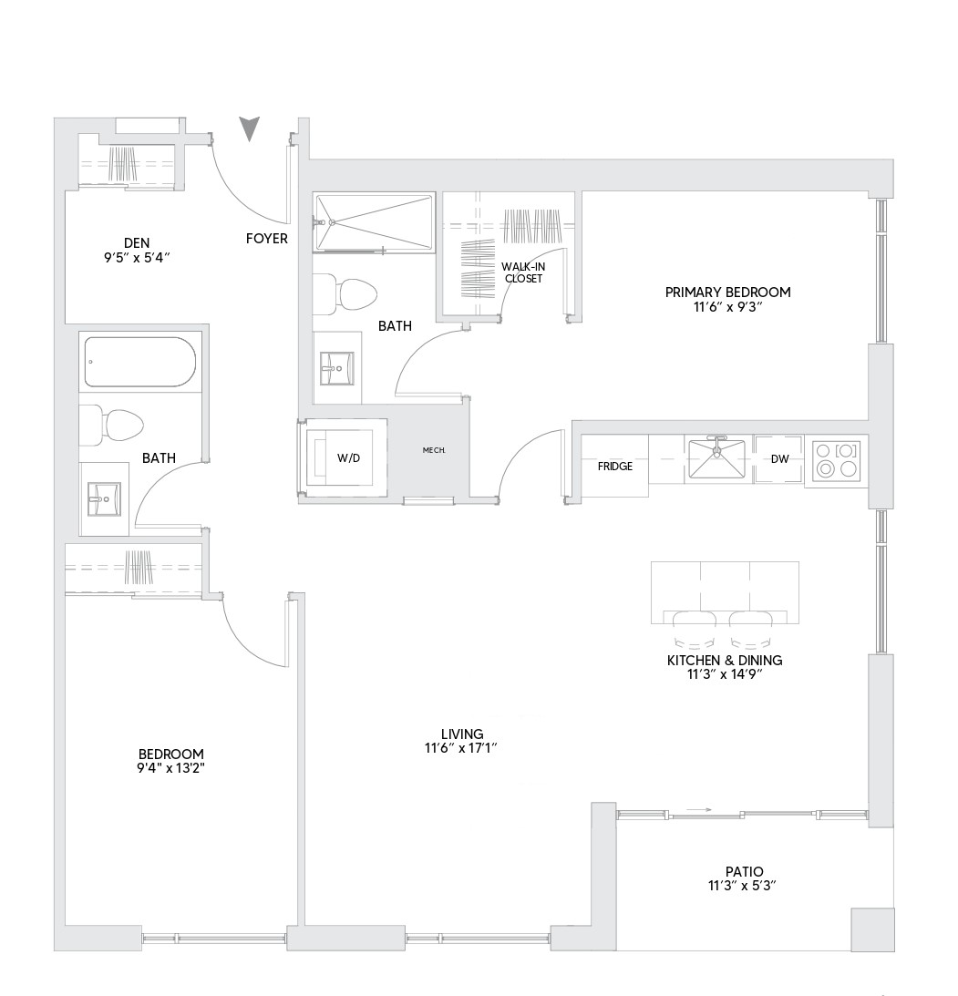 B8 floorplan — 2 BR + Den, 1045 sq ft