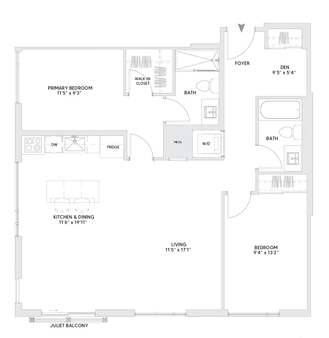 B17 floorplan — 2 BR + Den, 1092 sq ft