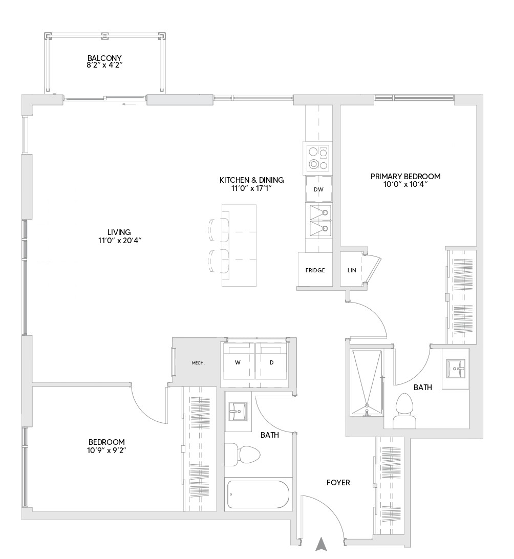 B11 floorplan — 2 BR, 1052 sq ft
