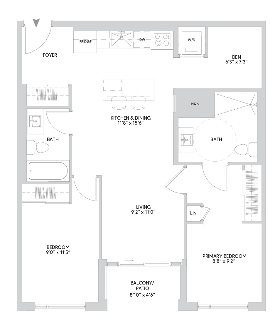 B12 floorplan — 2 BR + Den, 913 sq ft