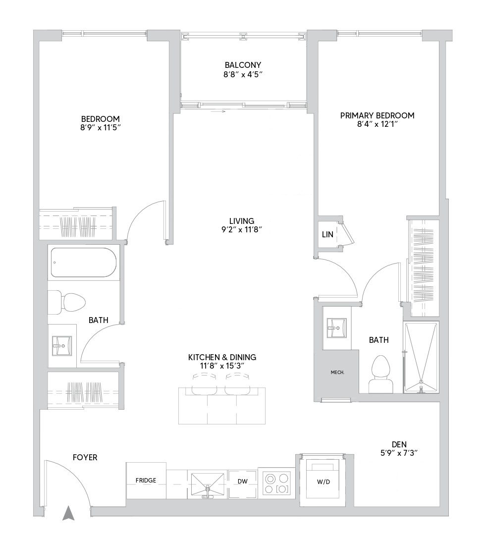 B15 floorplan — 2 BR + Den, 913 sq ft