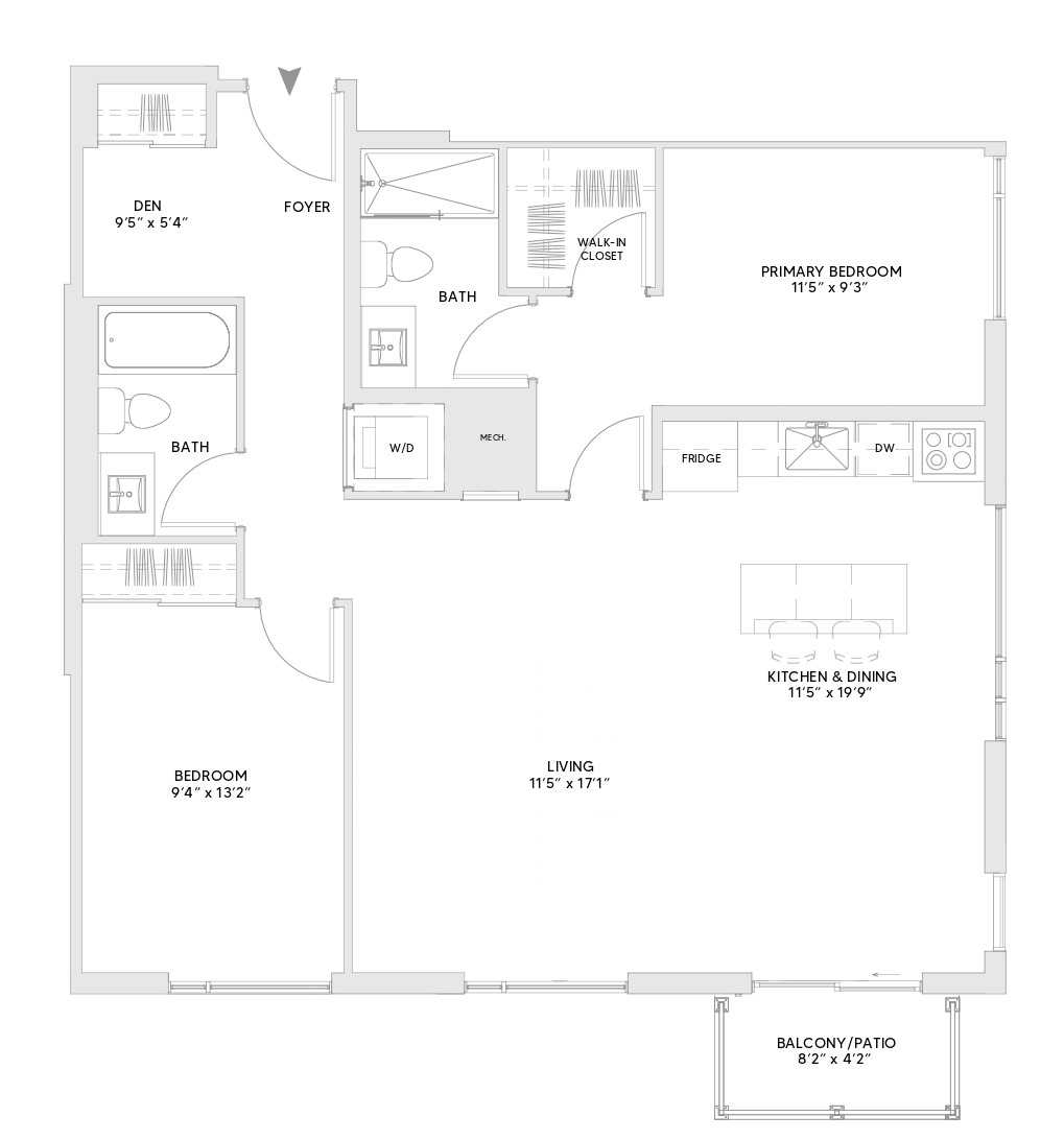 B9A floorplan — 2 BR + Den, 1092 sq ft
