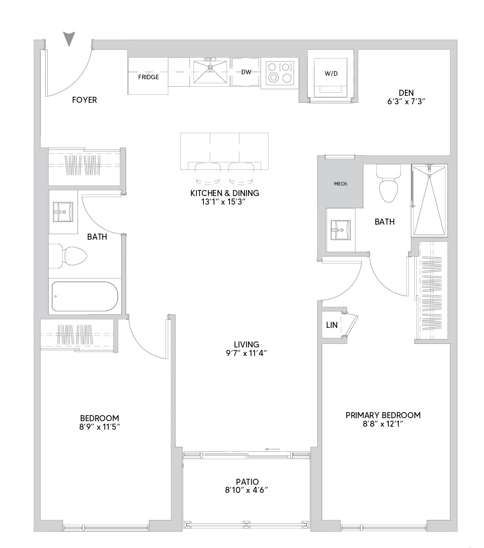 B13B floorplan — 2 BR + Den, 913 sq ft