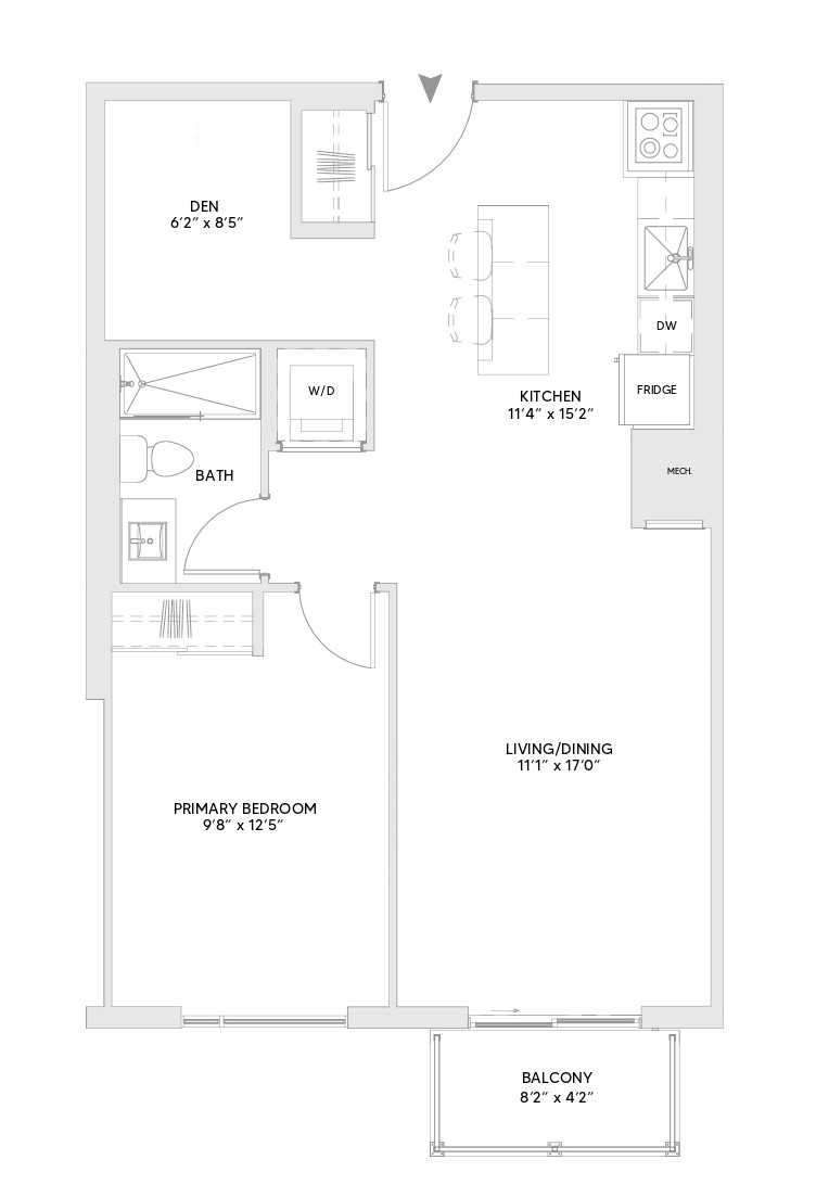 B7B floorplan — 1 BR + Den, 746 sq ft