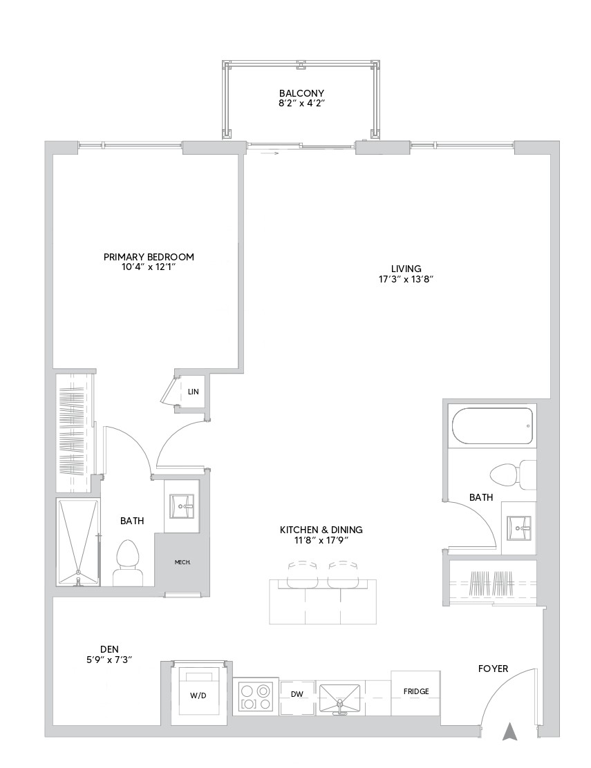 B19A floorplan — 1 BR + Den, 955 sq ft